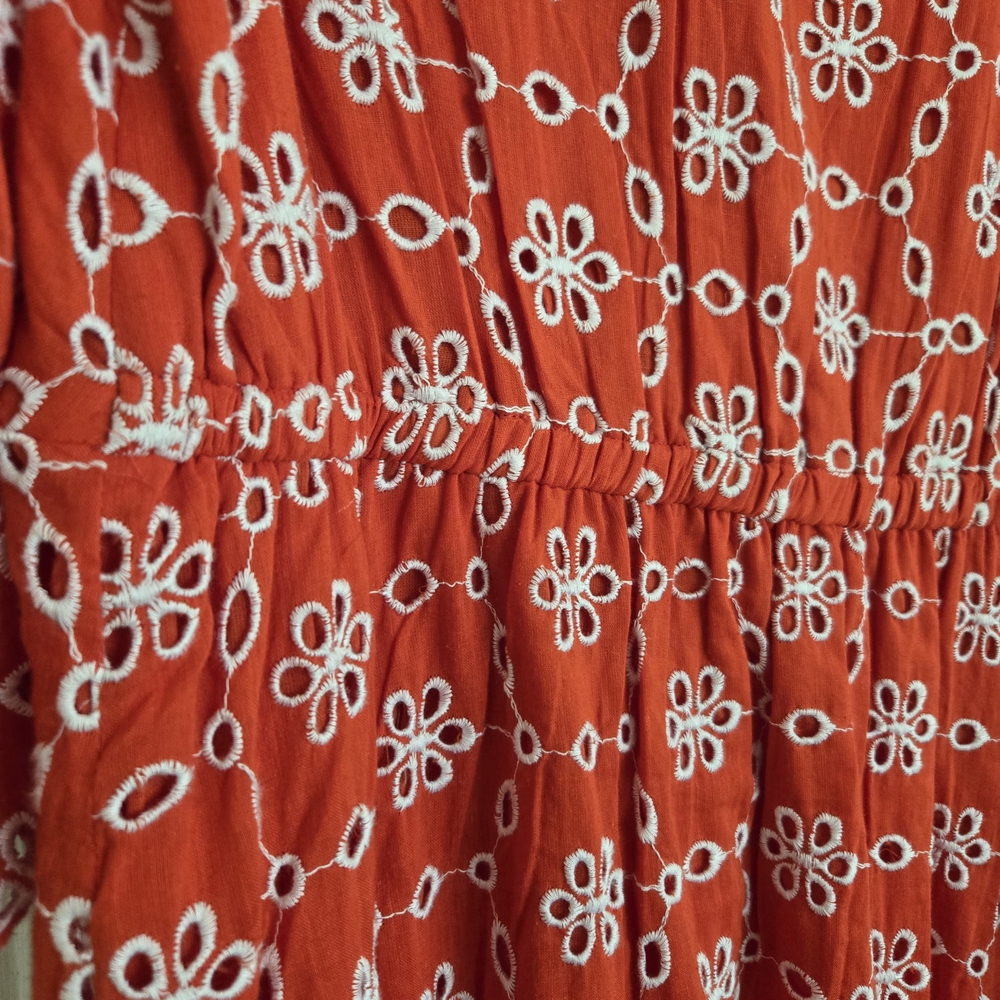 Vibrant Orange Red V-Neck Puff Sleeve Sundress - Picture 12 of 13